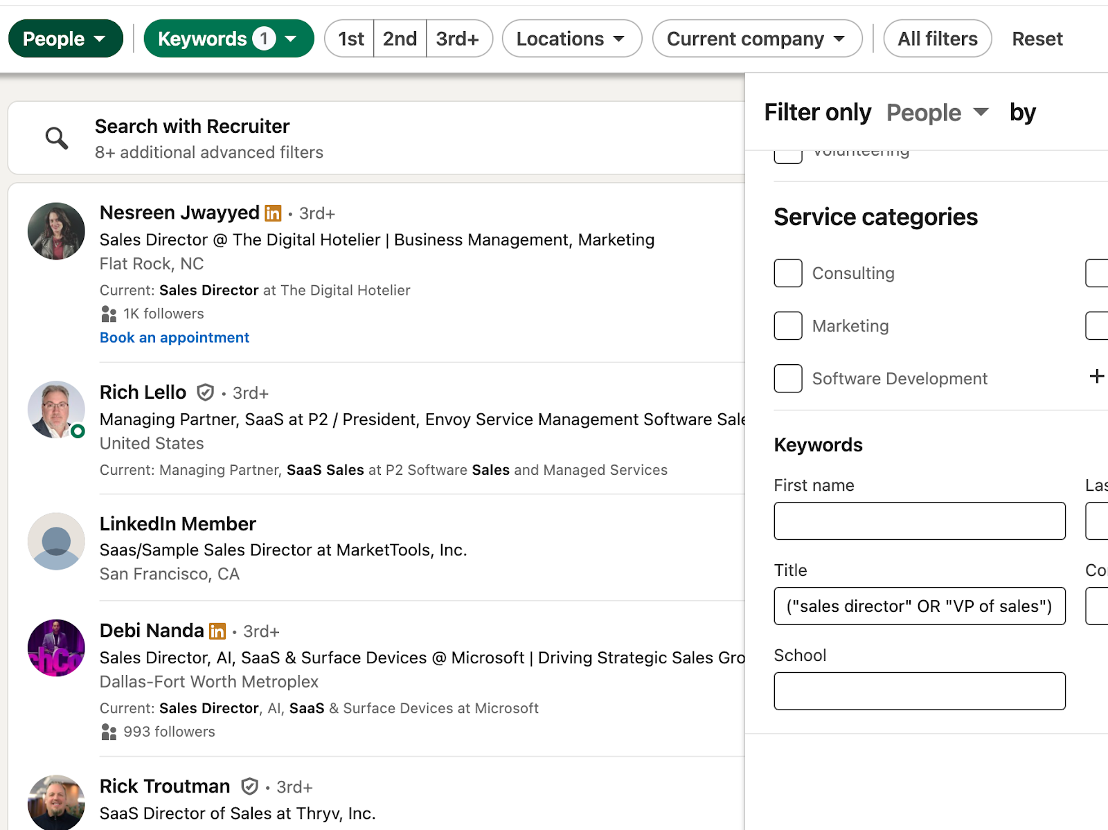 boolean search linkedin examples by seniority and function