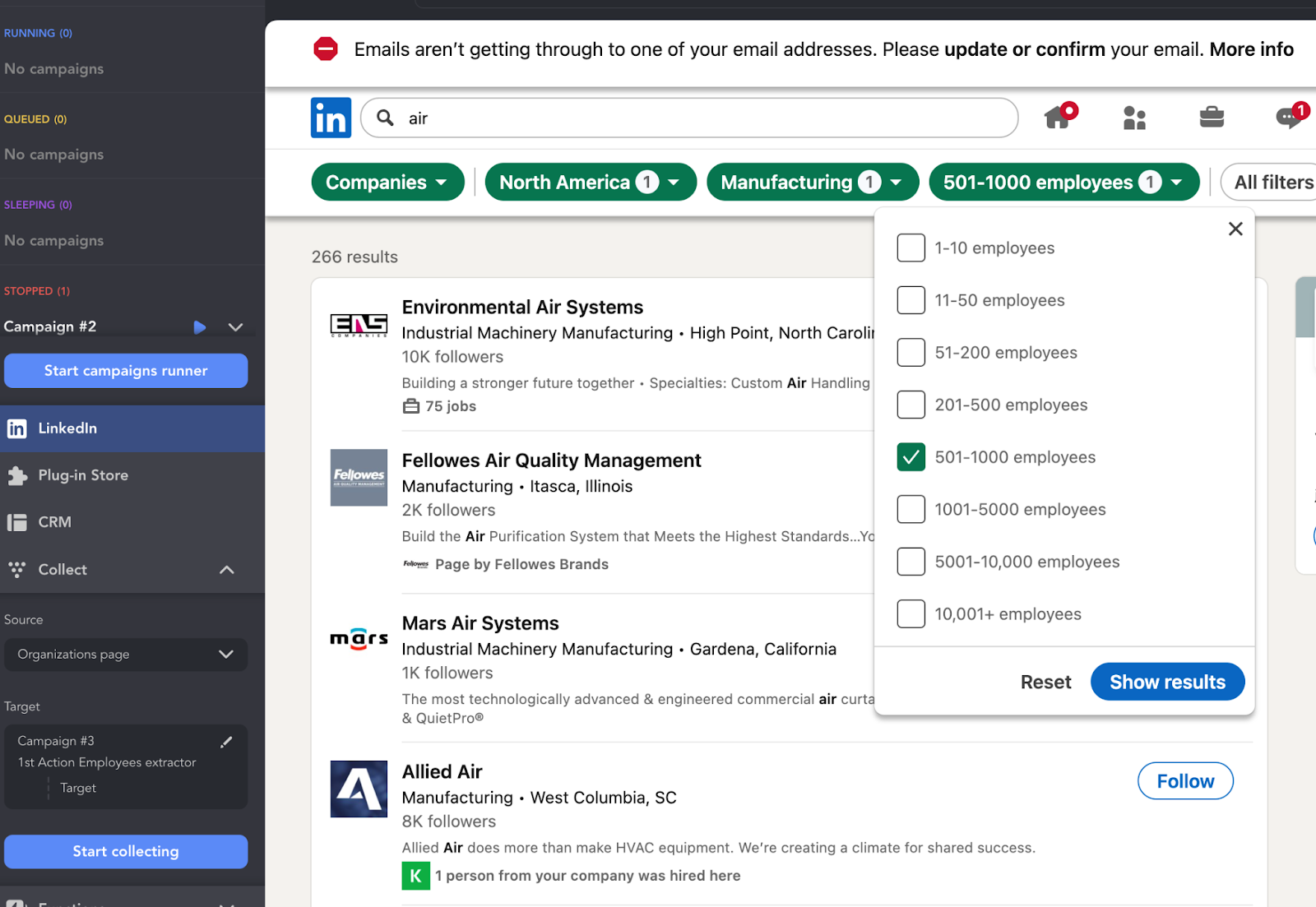 how to do boolean search on linkedin filters to collect companies