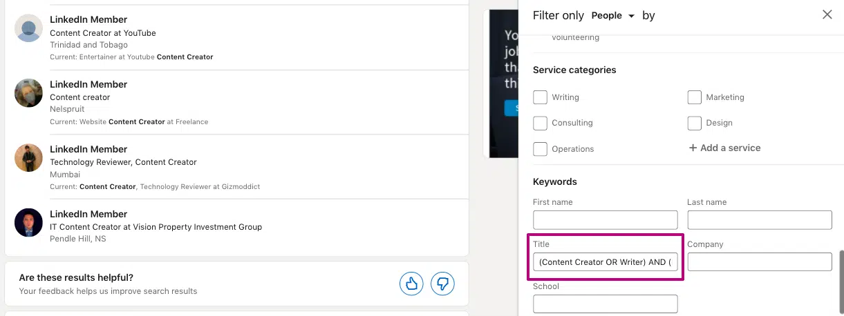 boolean search in linkedin title or and operators