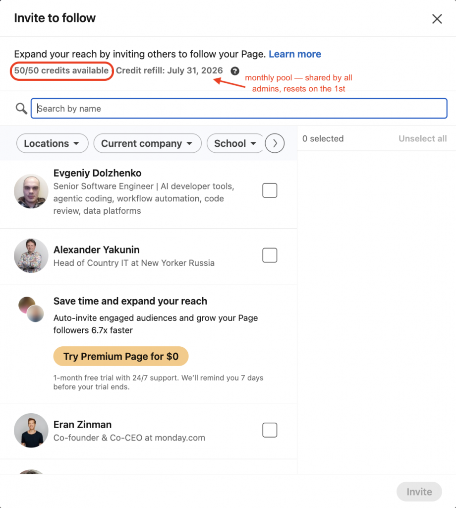 linkedin company page invitation credits