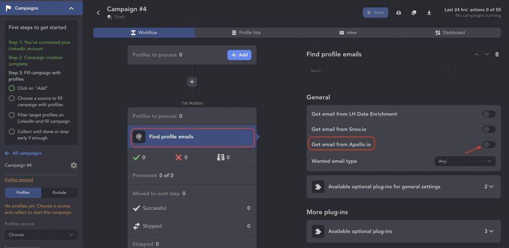 Find profile emails settings in Linked Helper showing Snov.io, Apollo and LH Data Enrichment as email sources for LinkedIn export
