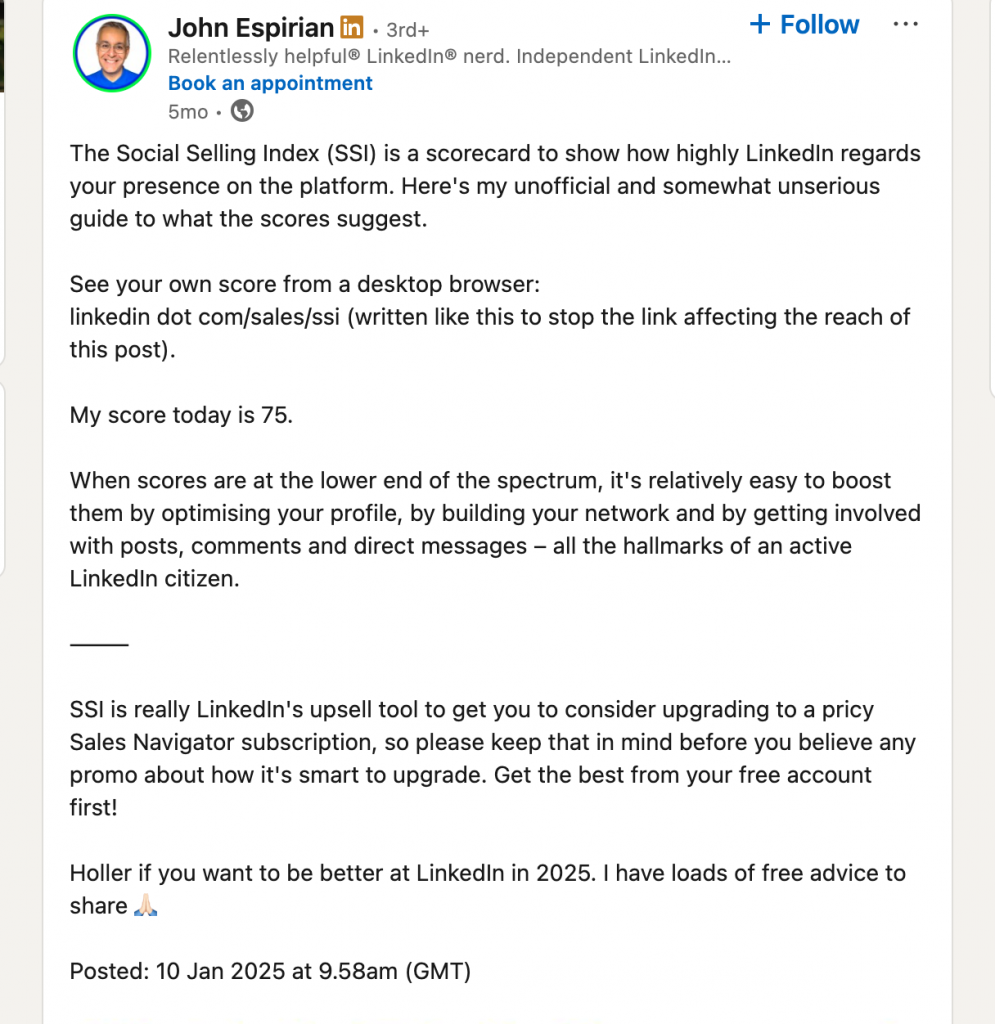 my linkedin ssi score post from a linkedin user