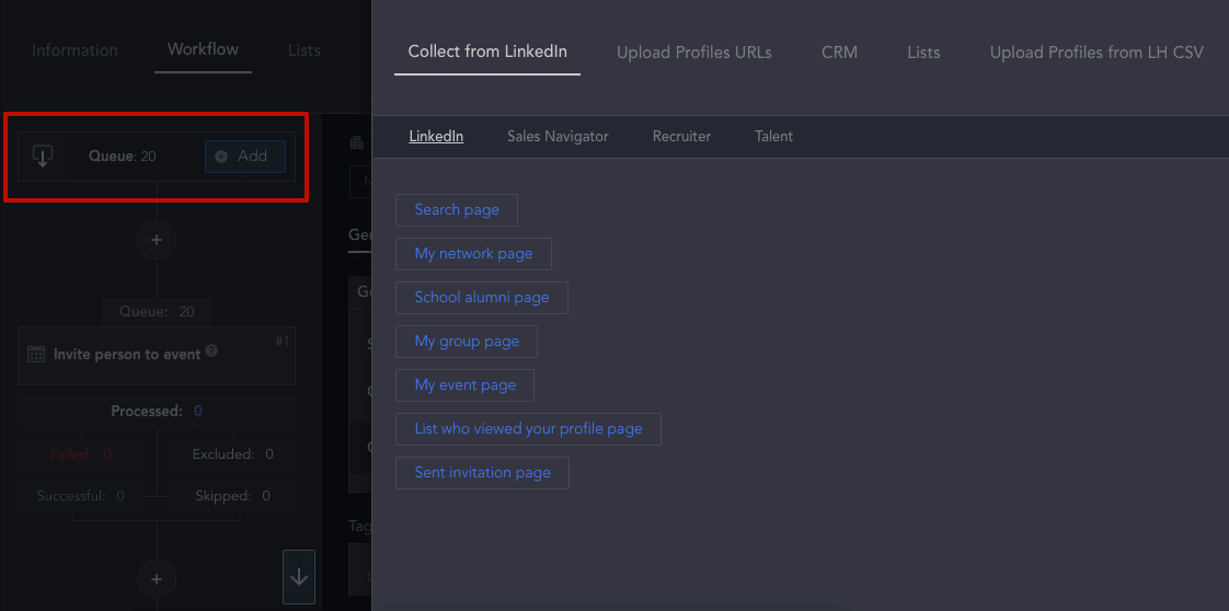 LinkedIn event auto-invite add people to Queue list