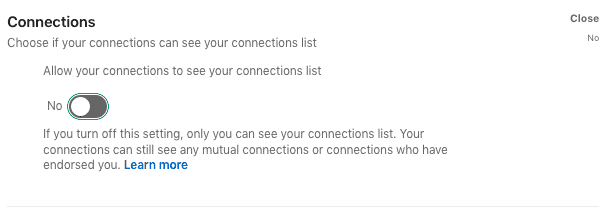 how to make connections private with settings on LinkedIn screenshot