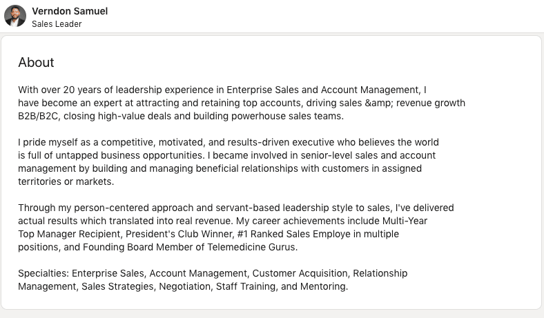 Short and good LinkedIn summary for sales 