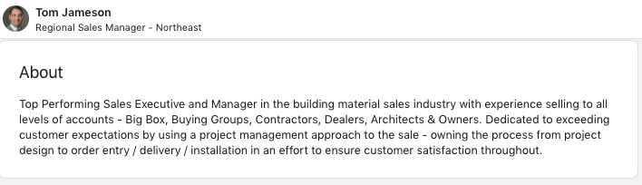 LinkedIn bio for sales in construction industry