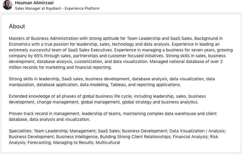 Sales manager description for LinkedIn MBA