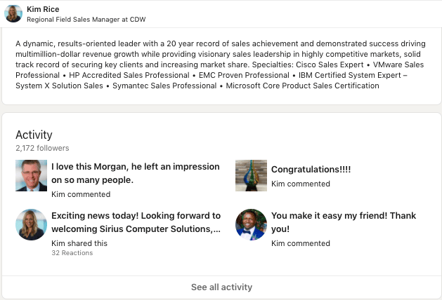 activity section on LinkedIn sales profile