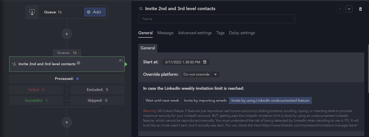 Invite contacts dashboard to bulk send video message on linkedin