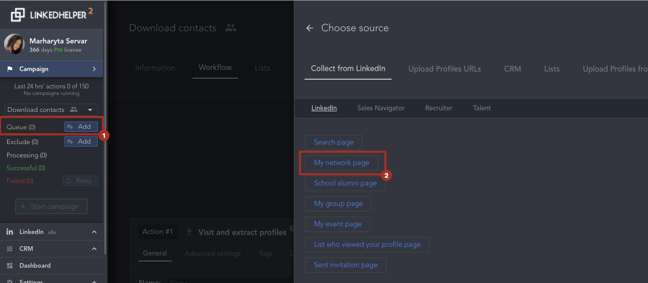 How to export LinkedIn contacts automatically via My network page add users to Queue