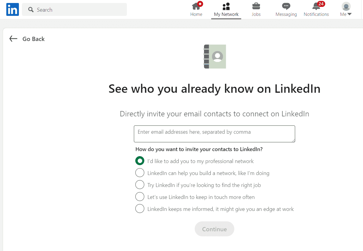LinkedIn for networking enter emails to invite contacts