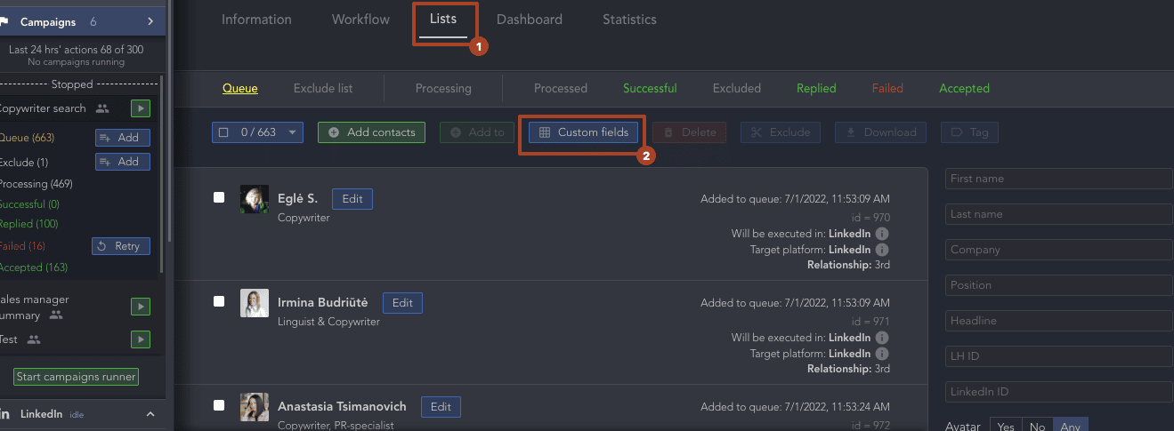Add custom variables in Linked Helper
