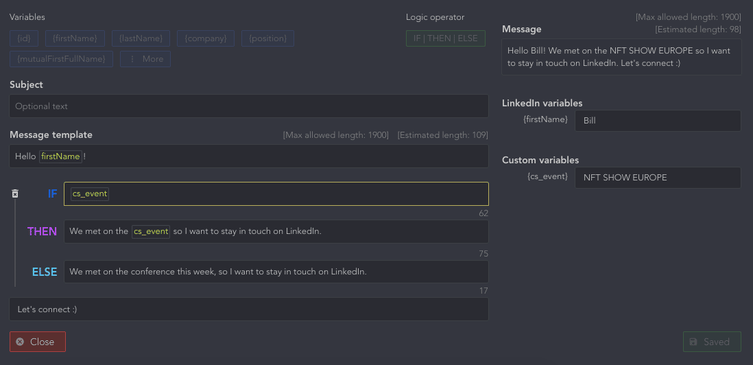 If then else strings Linked Helper Message Template editor