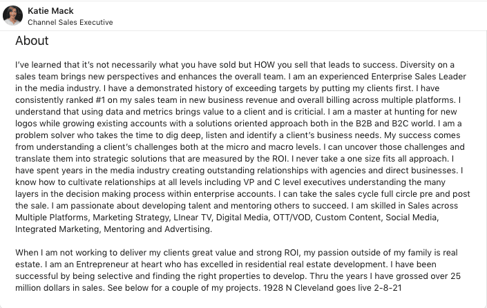 LinkedIn summary for sales executive for B2B