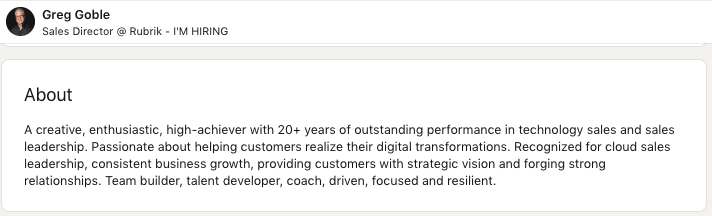 LinkedIn summary for sales executive in technology and digital