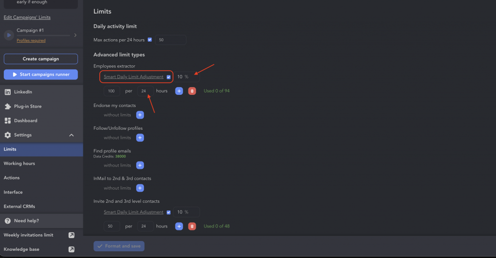 Linked Helper Smart Daily Limit Adjustment settings randomizing daily InMail sending volume