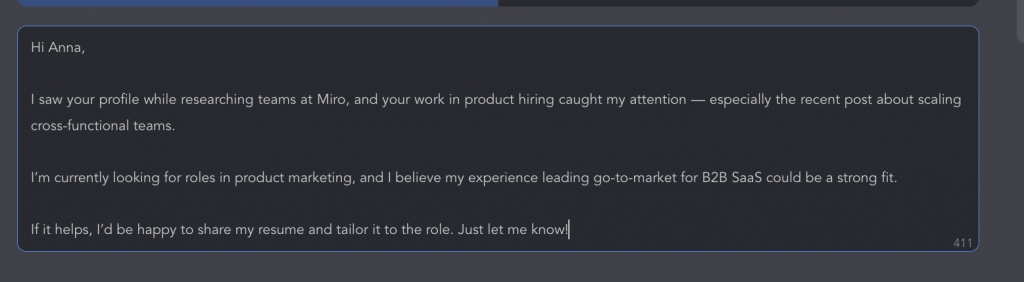 message to send to recruiter on linkedin after applying example template