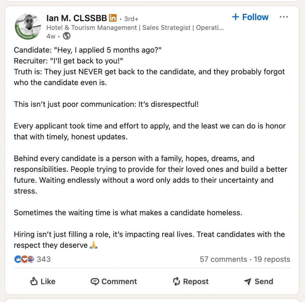 what to say when messaging a recruiter on linkedin real post example