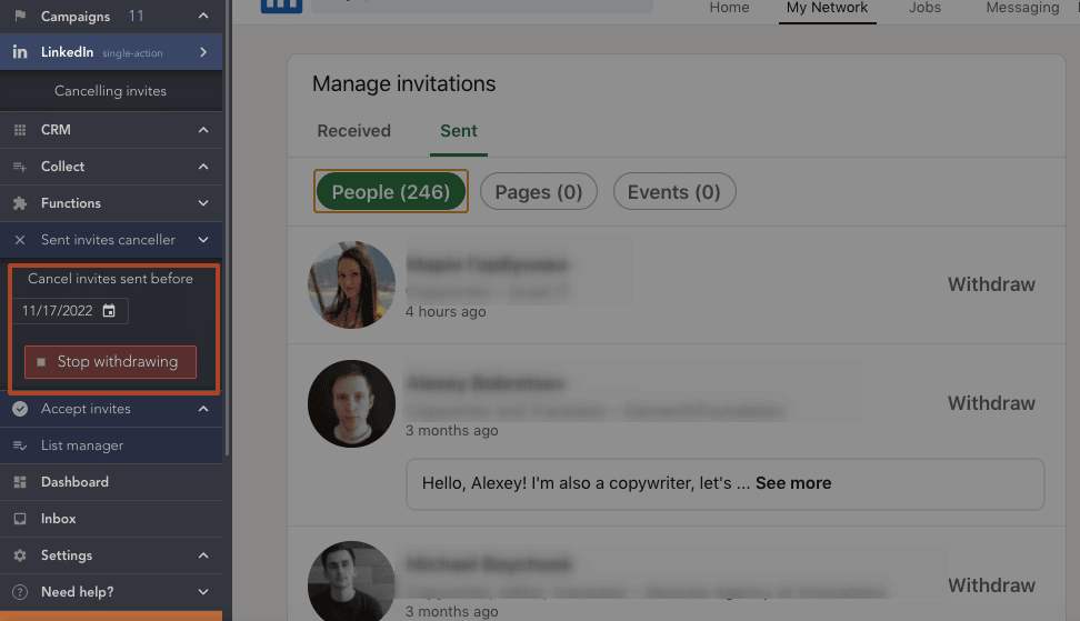 linkedin connection request withdraw with linked helper
