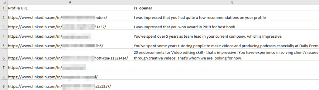 cold message linkedin template generate opener in csv
