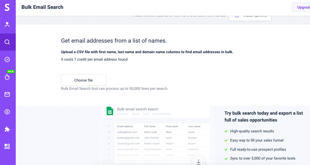 Snov.io email finder get email addresses from a list of names