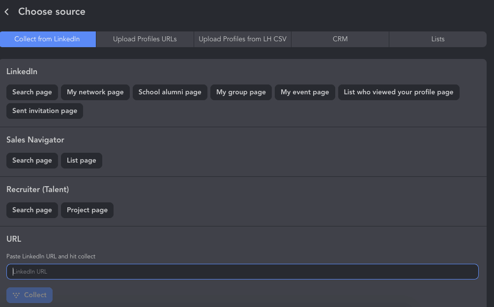 LinkedIn outreach choose source for collecting profiles