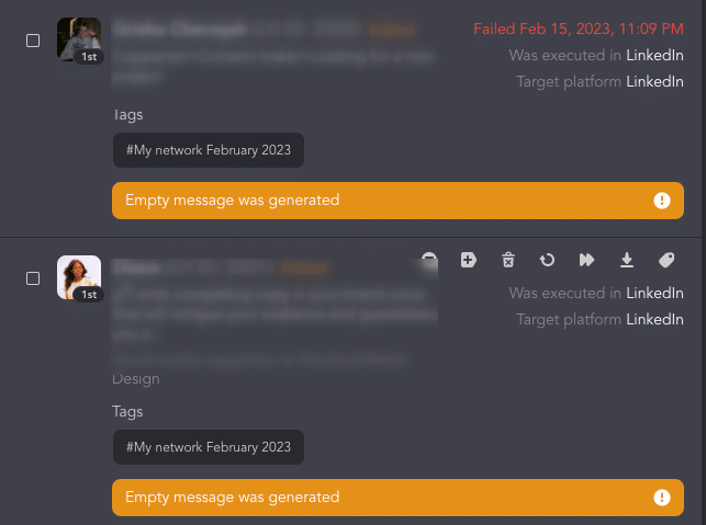 LinkedIn outreach empty message ws generated mistake
