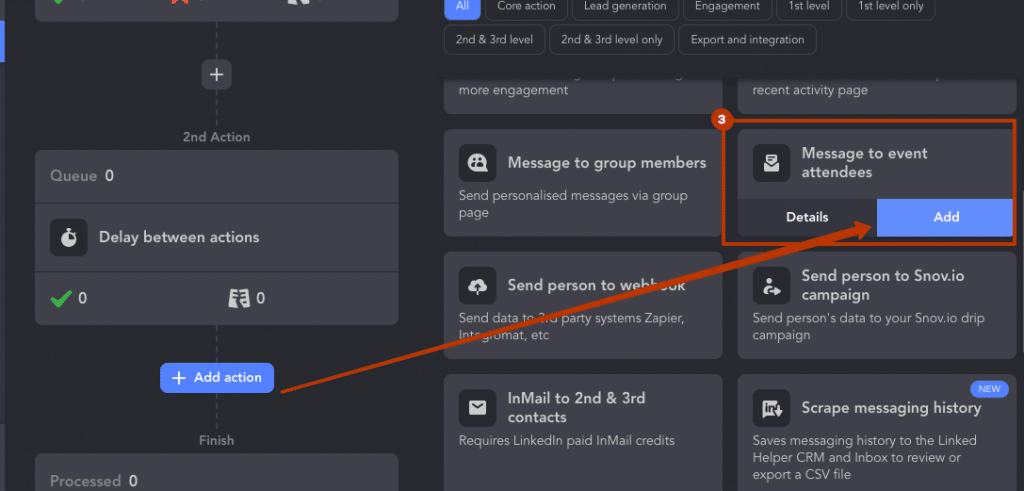 message to event linked helper add action