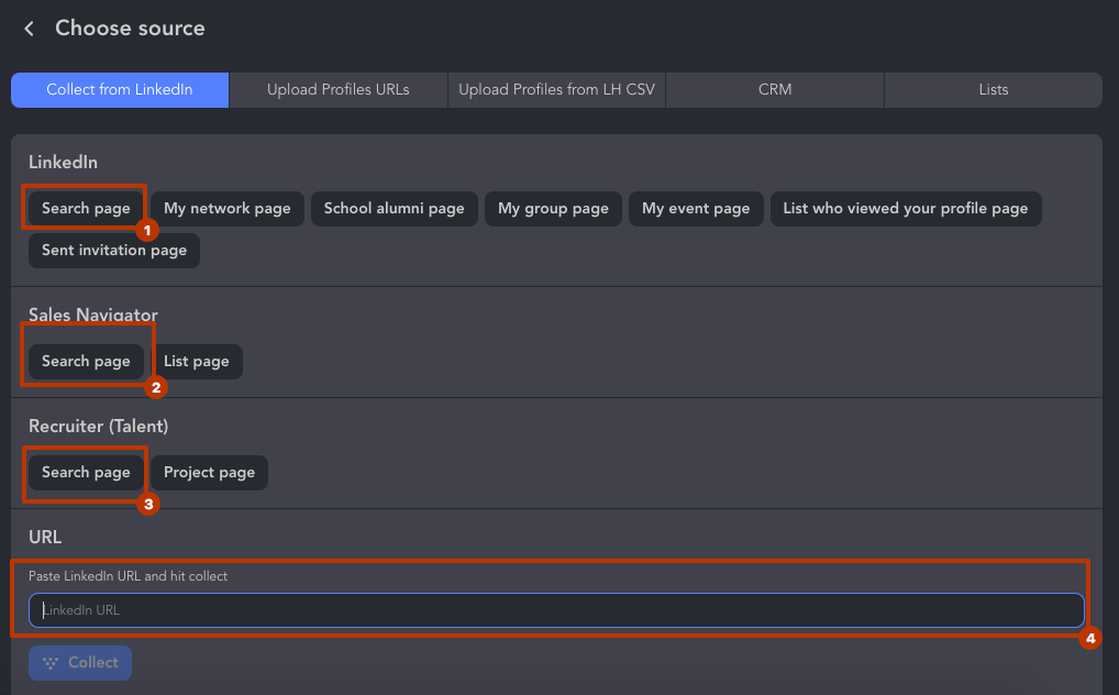 linkedin people search choose collection soure