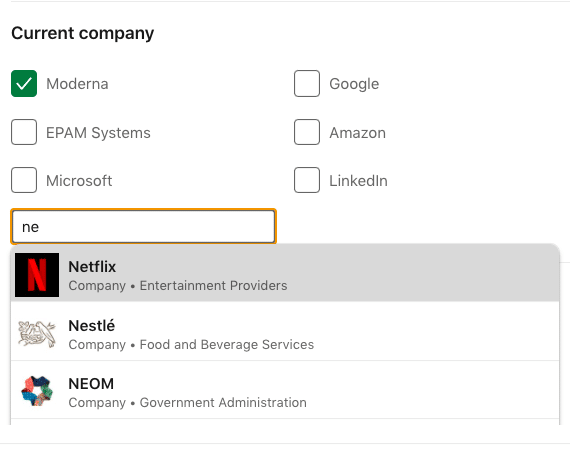 linkedin people search choose current company