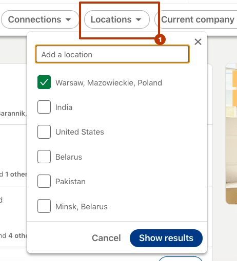 linkedin people search add location filter