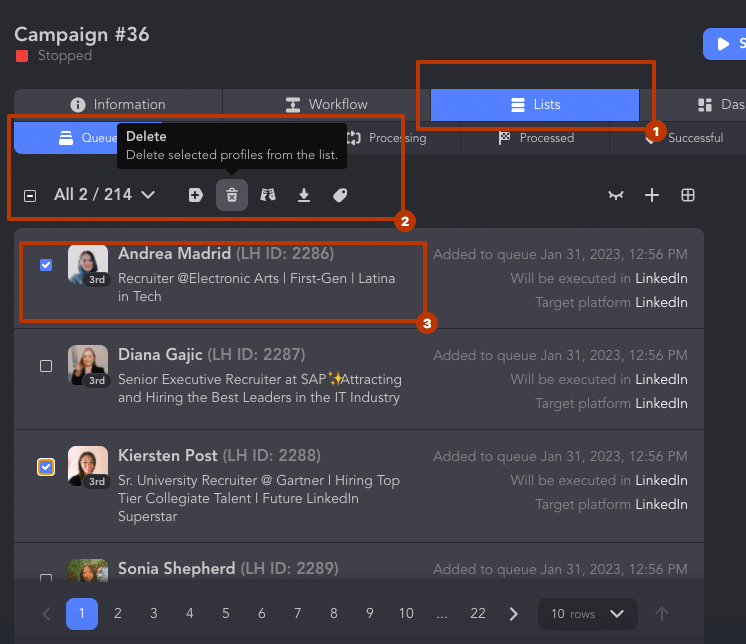 advanced people search linkedin delete contacts from campaign