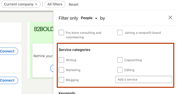 advanced people search linkedin service categories filter