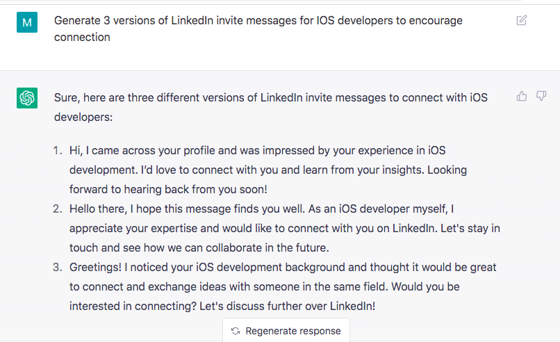 chatgpt ai bot generate 3 versions of linkedin message