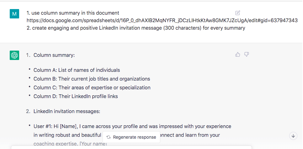 chatgpt linkedin results by chatgpt create messages by summary