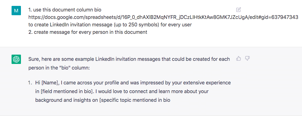 chatgpt linkedin results by chatgpt message template example