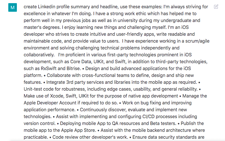 chatgpt write profile summary based on examples
