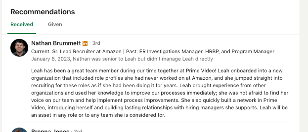 great linkedin recommendation examples for recruiter from amazon recruiter