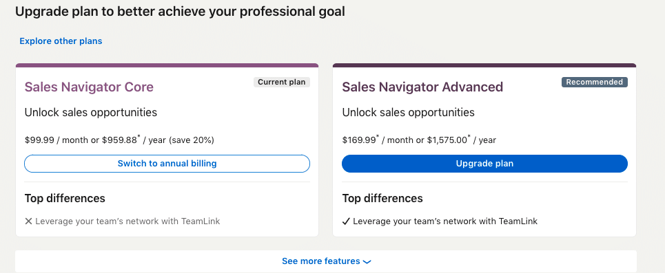 linkedin sales navigator core and advanced pricing