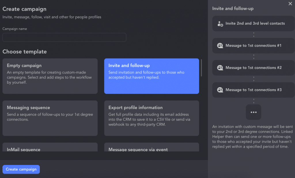 campaign for mass inviting in Linked Helper