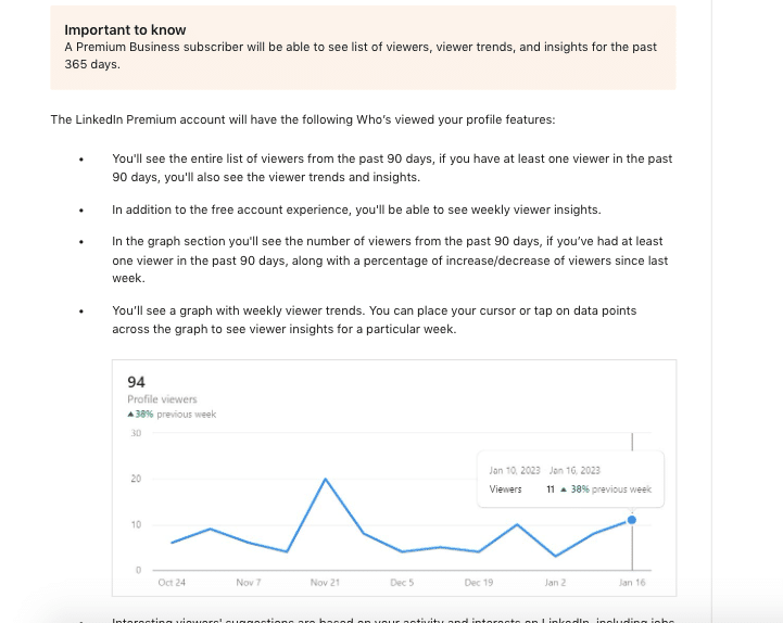 ability to see profile views and insights for the past 365 days LinkedIn Premium Business