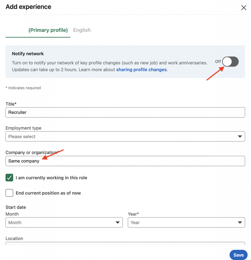how to add a new role in the current company and notify your network