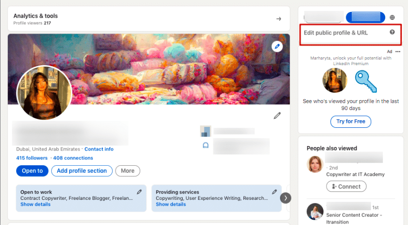 Editing your public profile & URL on LinkedIn's menu item