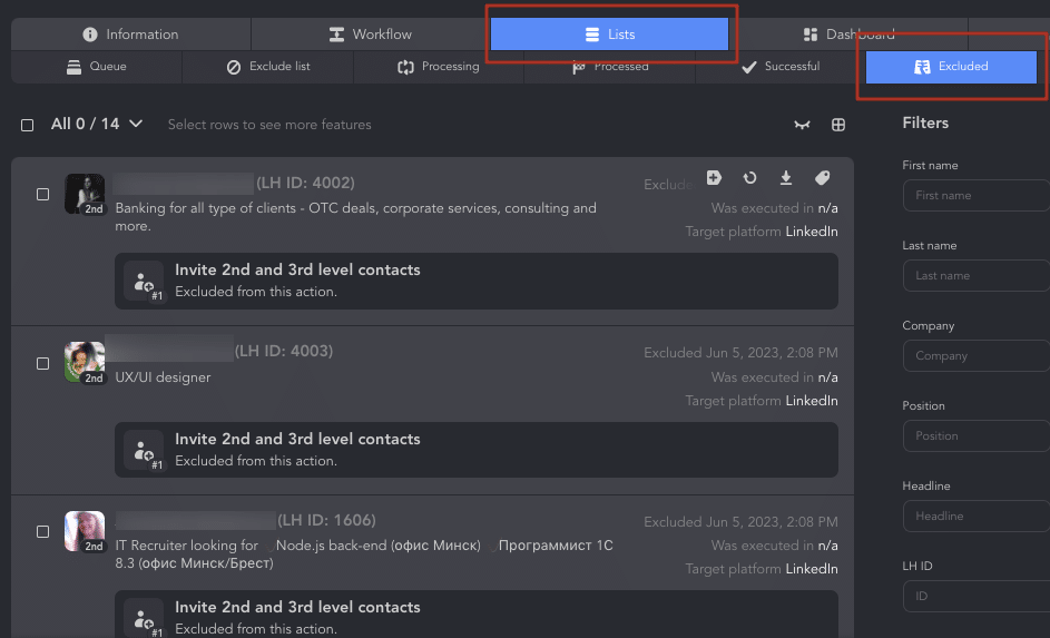 Post-filtration of the target audience in the LinkedIn automation tool after collecting