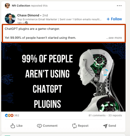 Ideal LinkedIn post length Example 2023 of a post about chatgpt