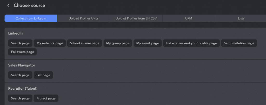 Audience collection sources in LinkedIn message automation tool Linked Helper