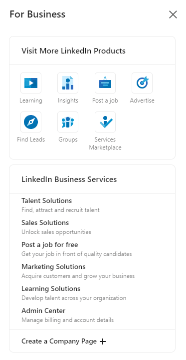 “Create a Company Page” button on LinkedIn