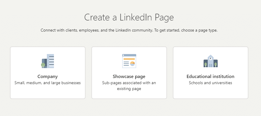 Options available when creating a new LinkedIn business page