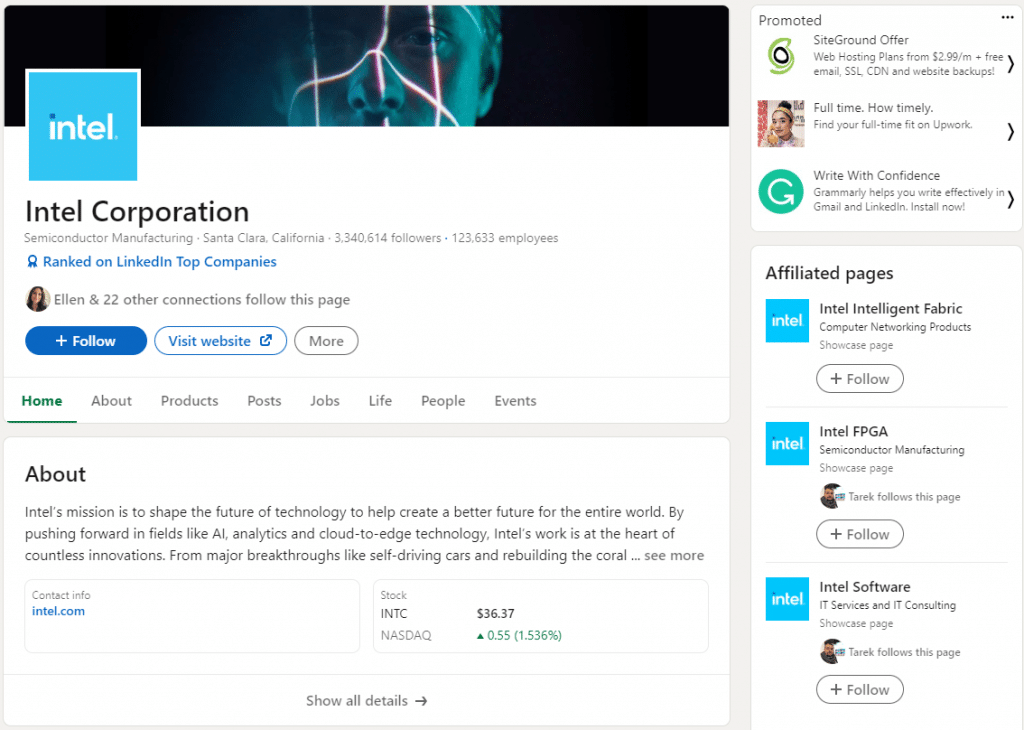 Intel company page screenshot with showcase pages list