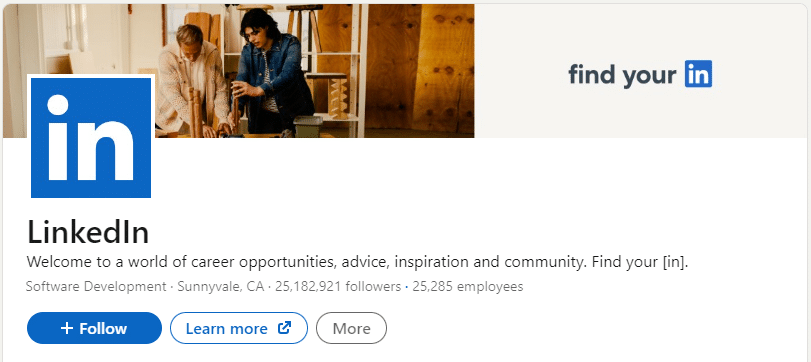 LinkedIn company page screenshot with a logo and cover